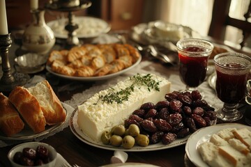 Elegant Table Setting with Cheese, Dried Fruits, and Bread Baskets