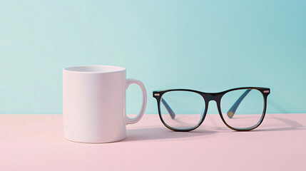 A white mug and black glasses on a pink background with a soft blue backdrop, symbolizing calm and contemplation for Labor Day.