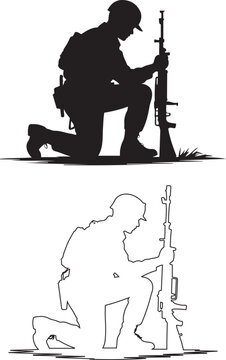 Two black and white silhouette illustrations of a soldier kneeling, rifle in hand, in a solemn pose.