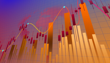 Stock trading chart with vibrant background, red and yellow candles, colorful lines, world map