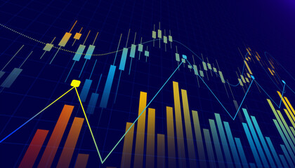 Stock trading chart with vibrant blue background, blue and yellow candles, colorful lines