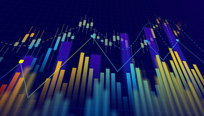 Stock trading chart with vibrant blue background, blue and yellow candles, colorful lines