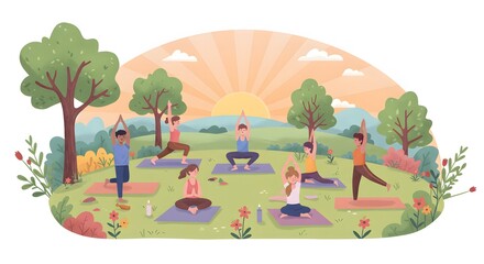 Naklejka premium A peaceful cartoon clipart of a person practicing yoga outdoors at sunrise, surrounded by calm nature. 