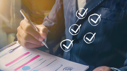 A person in suit writing on a document with checkmarks floating around the person in the image