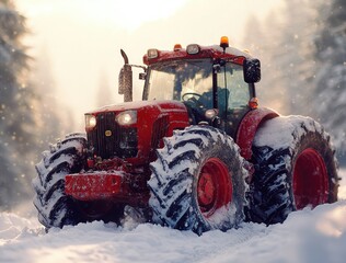 Tractor Clearing Snow on Winter Road with Red Wheels and Snowplough in Snowy Countryside