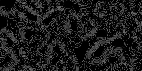 Topographic contour map vintage old style on dark background, black and white stylized height of the line map geography mountain relief contour map linear seamless pattern texture background.