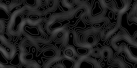 Topographic contour map vintage old style on dark background, black and white stylized height of the line map geography mountain relief contour map linear seamless pattern texture background.