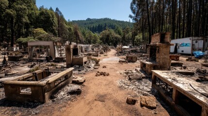 23. Wildfire aftermath with blackened earth and charred remains of forest structures