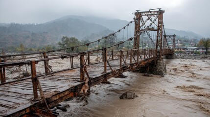 Fototapeta premium 21. Collapsed bridge due to extreme flooding with muddy water rushing beneath broken structure