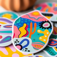 Vibrant Abstract Designs: Colorful Stickers Showcase Artistic Shapes and Patterns with Bold Hues, Creating a Joyful and Playful Aesthetic for Creative Expression and Decoration.