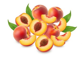 Peaches halves and slices arrangement on white background