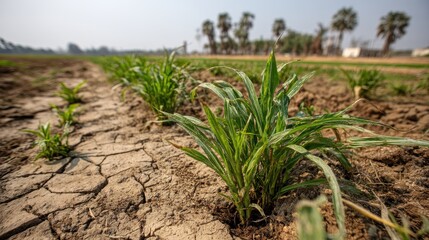 17. Parched crops wilting under an intense heat dome with clear skies and baking earth