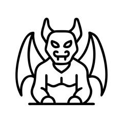 Outline drawing of a winged gargoyle statue with horns, a halloween themed vector illustration