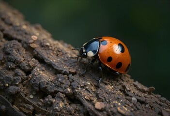 Fototapeta premium Side profile of a ladybug on a textured bark surface, highly detailed, dramatic natural lighting.