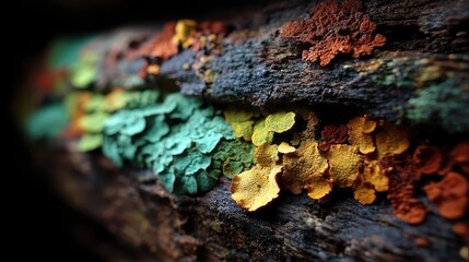 Obraz premium Close up of vibrant lichen patterns growing on tree bark with rich texture and varied colors