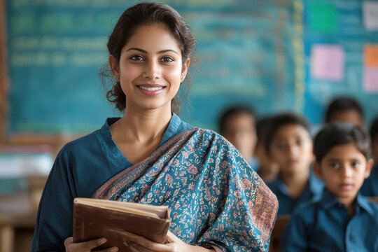 happy indian female teacher holding book standing in classroom