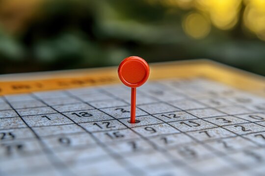 Closeup of calendar with red push pin on 15th date important reminder and appointment