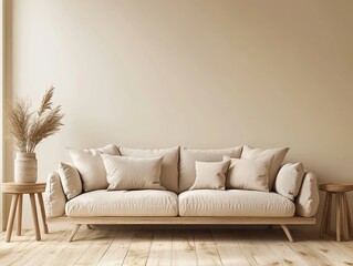 Beige couch in minimalist living room with wooden side tables and pampas grass