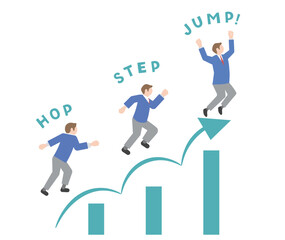 ステップアップ、レベルアップ、スキルアップ、ジャンプアップ、成長のイメージのピクトグラム風の男子学生のイラストセット