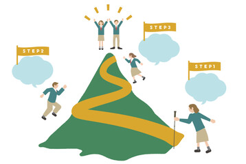 ステップアップ、レベルアップ、スキルアップ、ジャンプアップ、成長のイメージのピクトグラム風の男女の学生のイラストセット