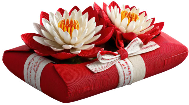 Elegant Gift of Blooms: A beautifully wrapped present adorned with two exquisite water lilies, creating a visually stunning and emotionally captivating scene.