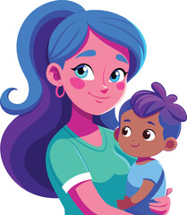 A cute cartoon illustration shows a smiling mother with her child, baby, and boy, radiating family love and childhood fun