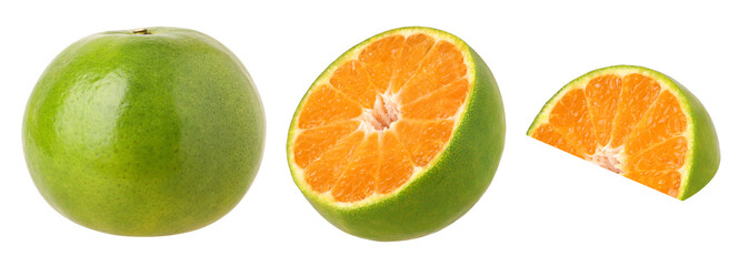 Close-up, Tangerine orange or Clementine, half and slices isolated, transparent PNG, PNG format