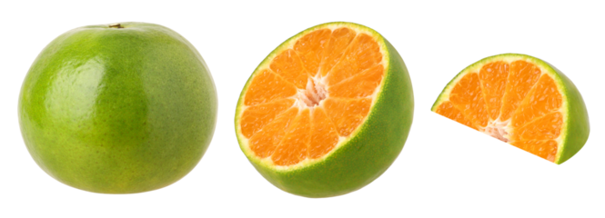 Close-up, Tangerine orange or Clementine, half and slices isolated, transparent PNG, PNG format