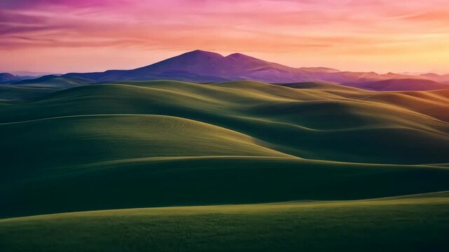 Colorful sunset over rolling hills and distant mountains