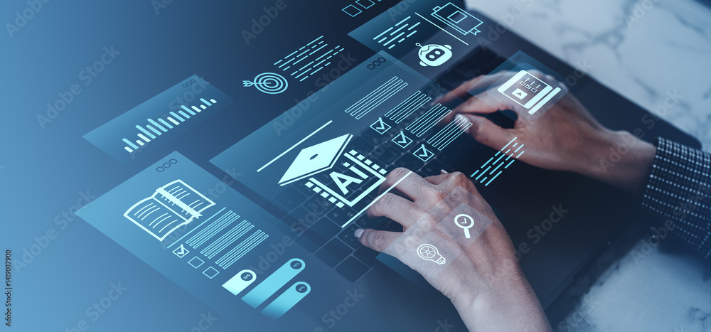 Poster hands typing on laptop with digital ai learning icons and futuristic interface..