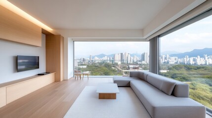 Modern, minimalist living room with panoramic city views.  Light-filled space featuring a light-colored sectional sofa, wooden floors, and a flat-screen TV.