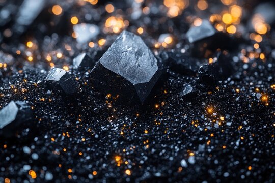 Close-up of pure silver and platinum metallic crystals on black sand from rare earth mine