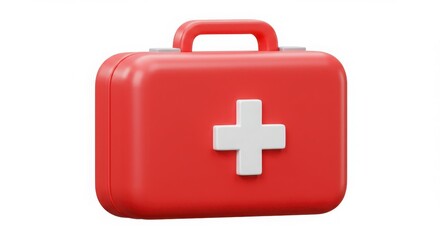 Red first aid kit with white cross on white background