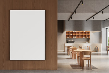 Blank poster mockup in modern wooden wall inside minimalist cafe interior with light furniture and clean design concept for creative display template. 3D Rendering