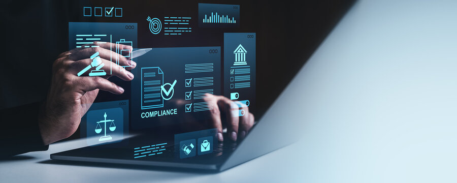 Digital compliance interface with futuristic legal icons and analytics on a creative transparent screen background in a modern corporate setting.