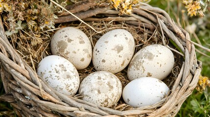Obraz premium Six speckled bird eggs nestled in a rustic woven bird s nest outdoors