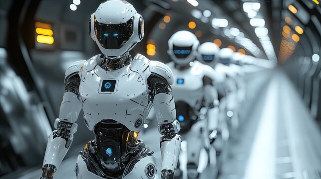 Futuristic robots march through a subterranean tunnel. - Powered by Adobe
