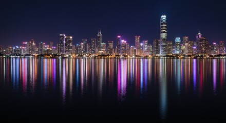 Fototapeta premium Night City Skyline Reflection in Water