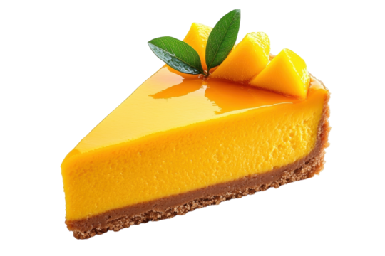 Delicious mango cheesecake slice vibrant yellow creamy texture chocolate crust fresh mango on transparent background