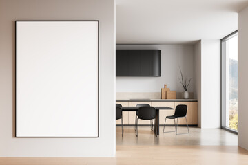 Modern kitchen interior with large blank poster mockup on wall and minimal dining area with natural light and wooden flooring design layout space. 3D Rendering