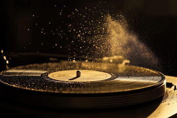 Obraz premium Cinematic shot of vinyl record with dust particles in warm golden light