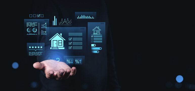Real estate analytics interface with floating blue HUD elements above open hand on dark background, showing creative digital data interaction concept. - Powered by Adobe