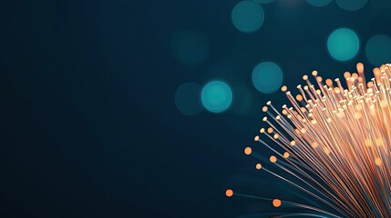 Lights of glowing fiber optic cables with soft focusing concept. Close-up of glowing fiber optic strands on a dark background.