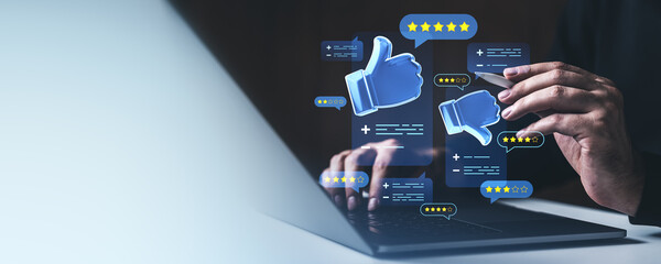 Businessman analyzing customer feedback with digital thumbs and star ratings icons.