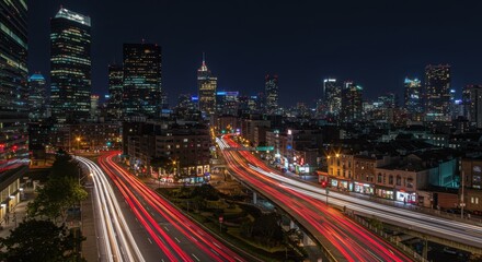 Fototapeta premium Night Cityscape with Traffic Light Trails