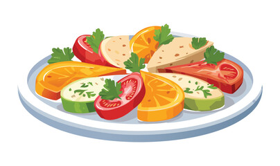 Fresh Salad with Tomato and Cheese Plater - Vector Illustration