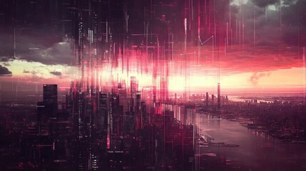 Fototapeta premium Digital cityscape at sunset, overlayed with vibrant lines.
