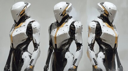 Futuristic white and gold robotic warrior designs.