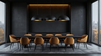 A stylish modern dining room features dark walls and furniture