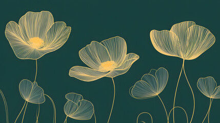 Delicate yellow line art flowers on a dark green background, showcasing elegance and tranquility in nature-inspired design.
